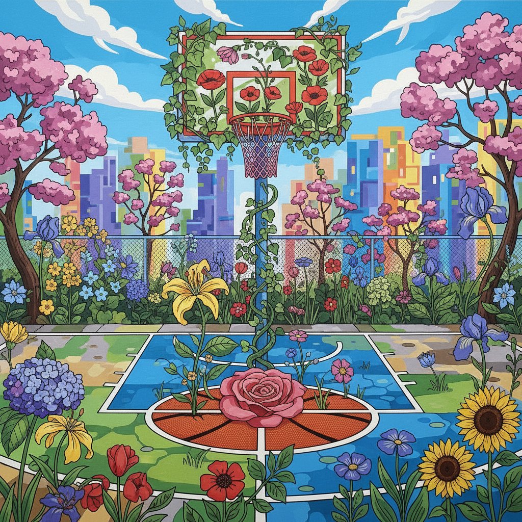 Realistic Floral Streetball Paint By Numbers - Urban Court Art completed