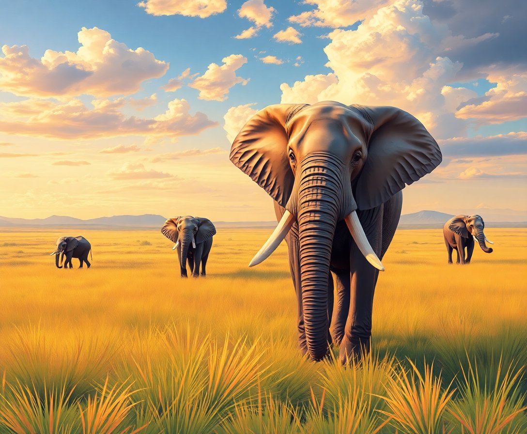 Realistic Grassland Elephant Journey Paint By Numbers Kit completed