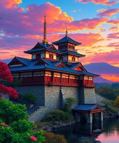 Realistic Japanese Castle Sunset Paint By Numbers