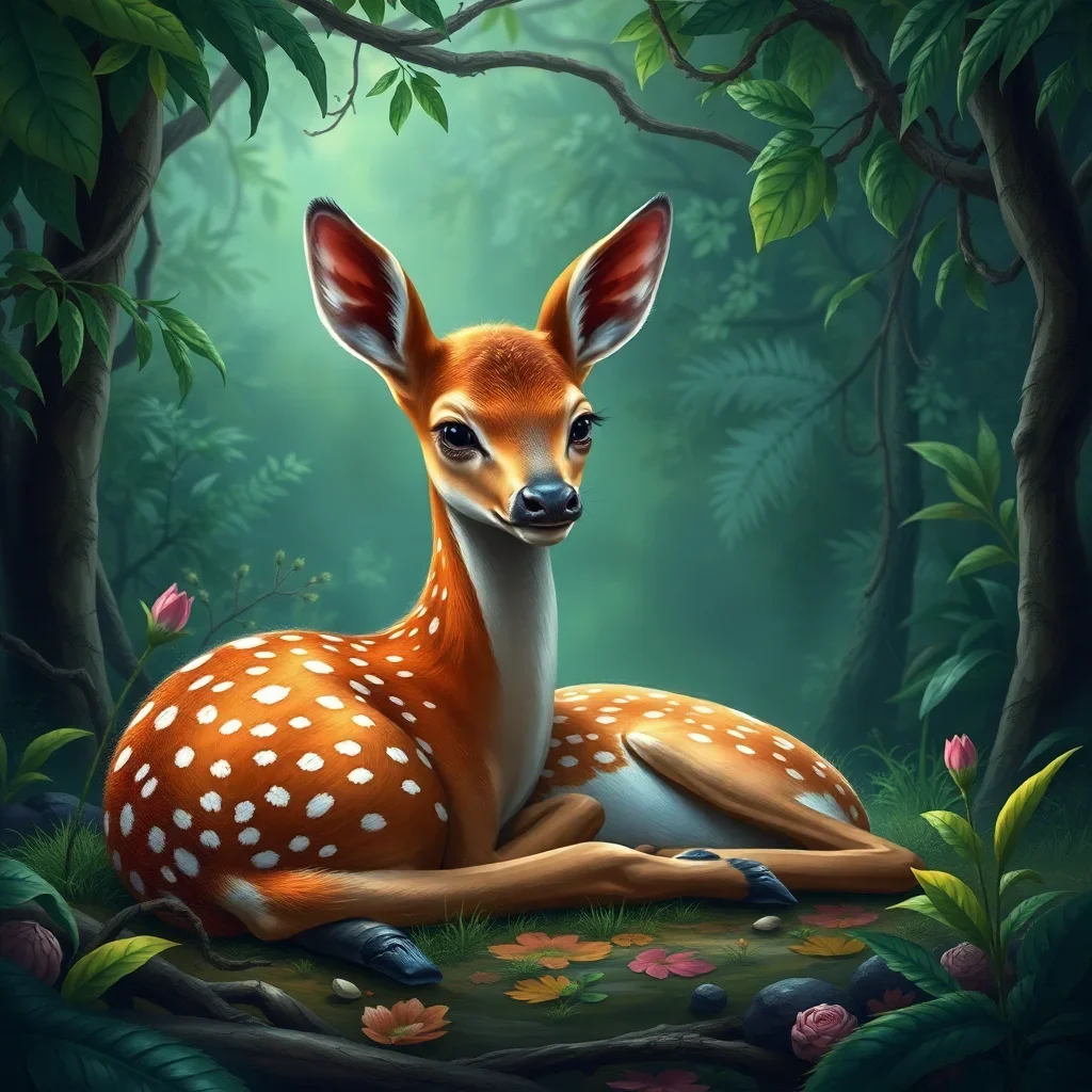completed artwork display Realistic Jungle Fawn Resting paint by numbers