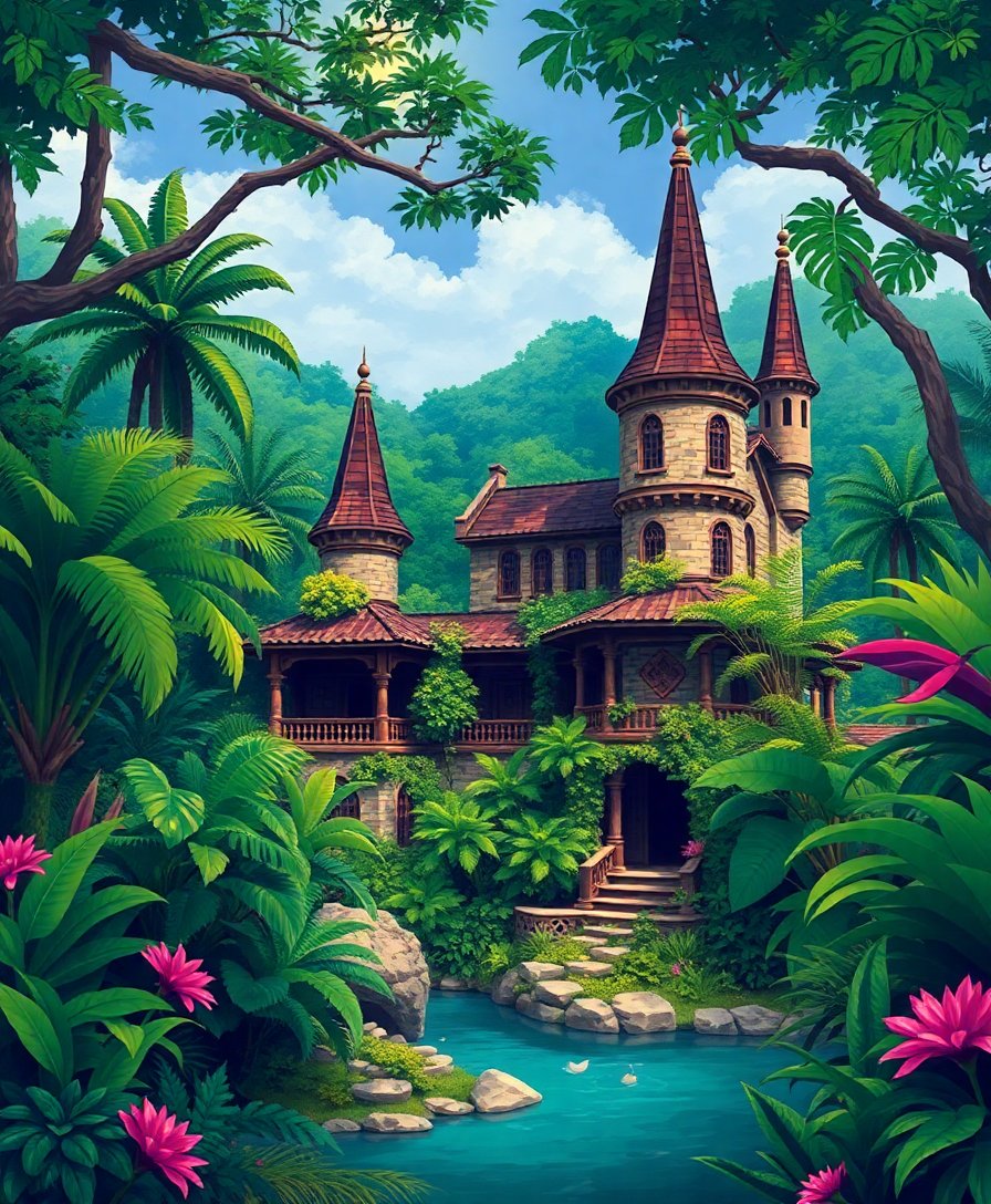 Realistic Jungle Palace Retreat Paint By Numbers Kit completed