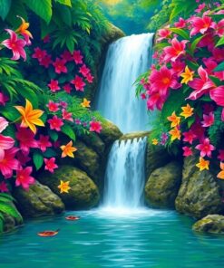 Realistic Jungle Waterfall Blooms Paint By Numbers
