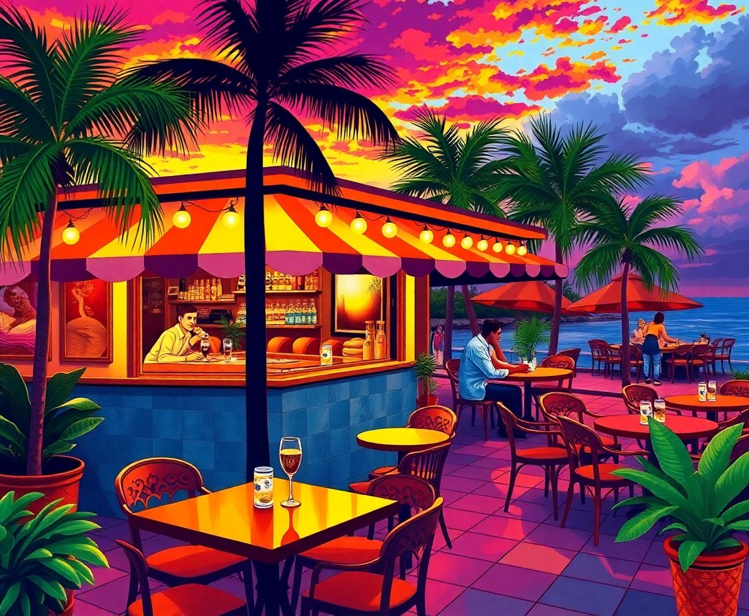 Realistic Miami Sunset Eatery Paint By Numbers Kit completed