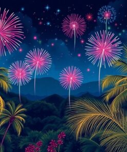 Realistic Midnight Palm Fireworks Paint By Numbers