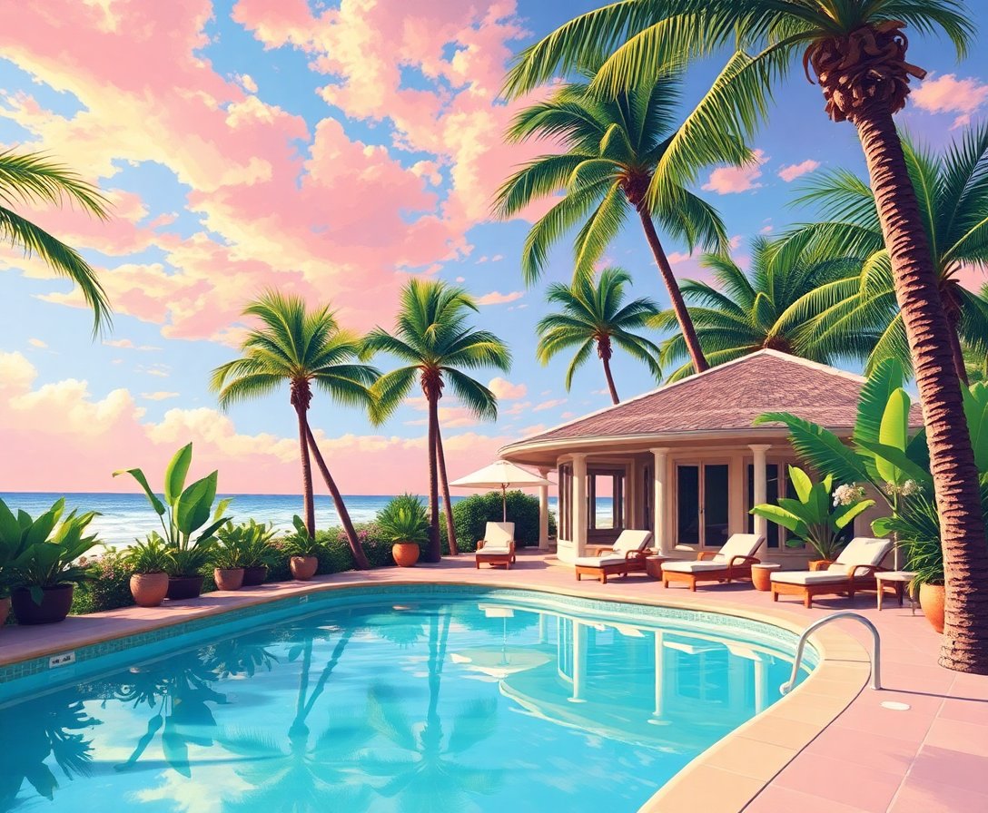 Realistic Palm Poolside Retreat Paint By Numbers Kit completed