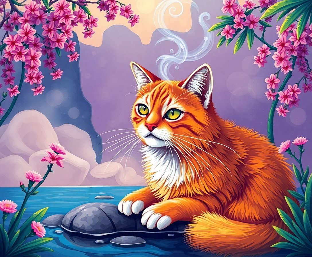 Realistic Steaming Oasis Cat Paint By Numbers Kit completed