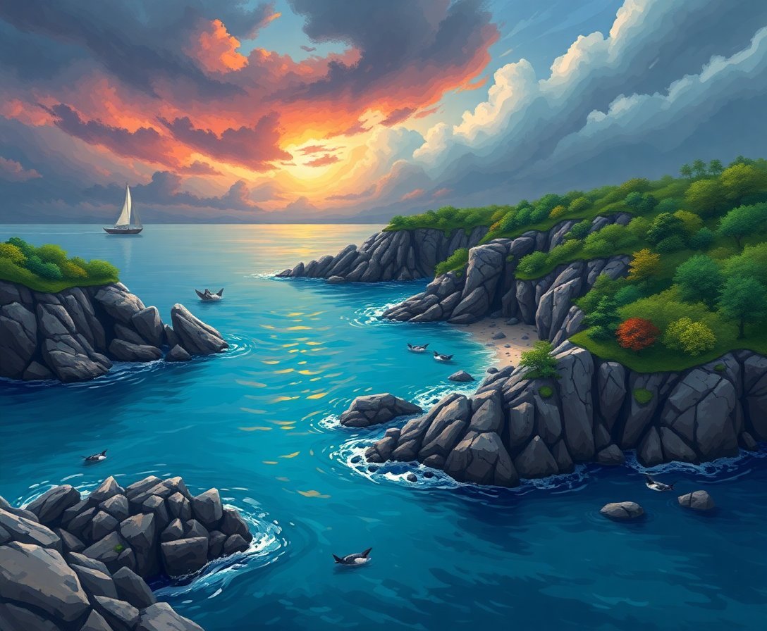 Realistic Stormy Island Cove Paint By Numbers Kit completed