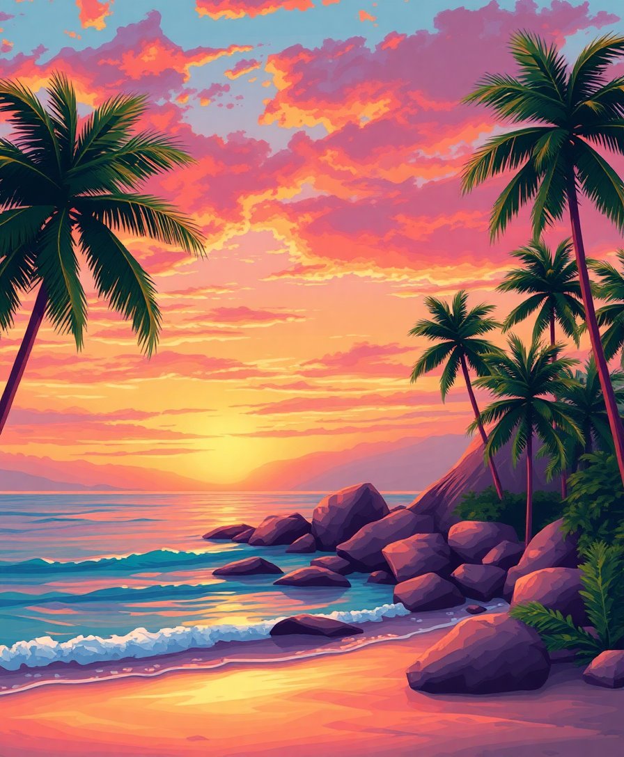 Realistic Tropic Evening Shore Paint By Numbers Kit completed