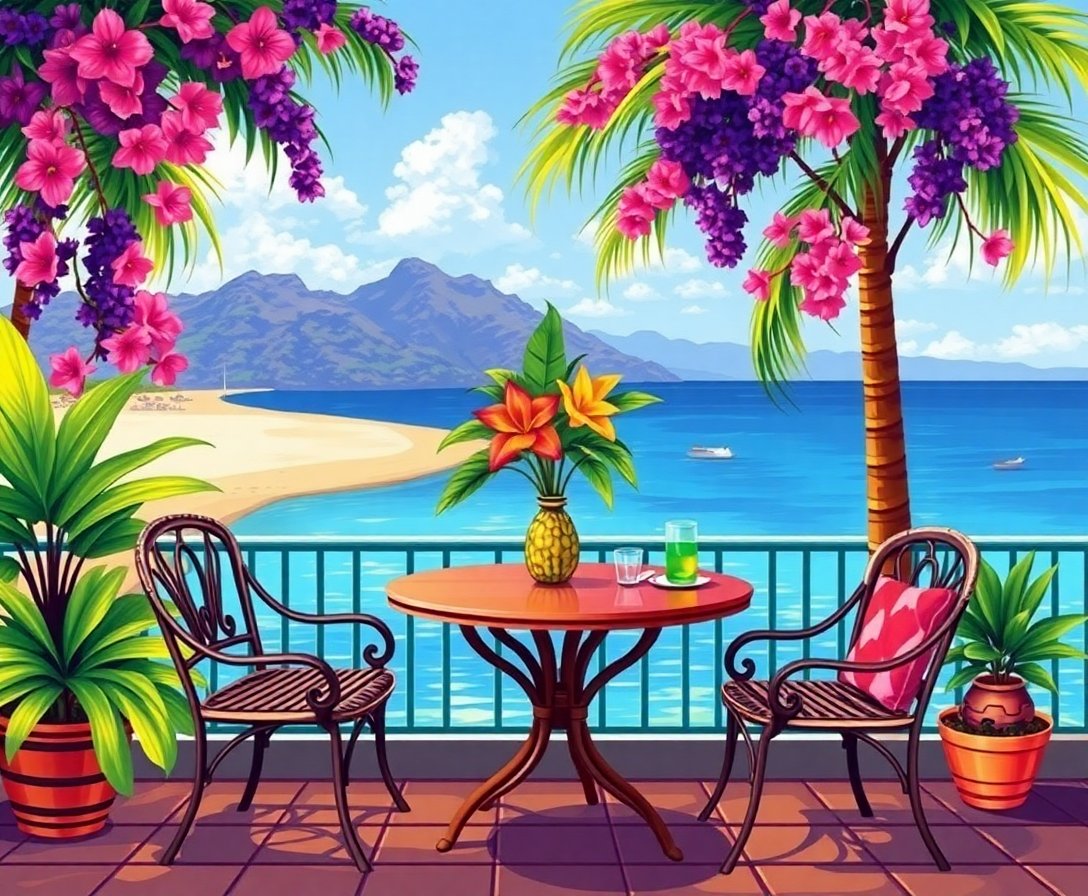 Realistic Tropical Cafe Table Paint By Numbers Kit completed
