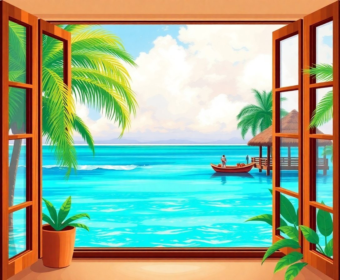 Realistic Tropical Resort Window Paint By Numbers Kit completed