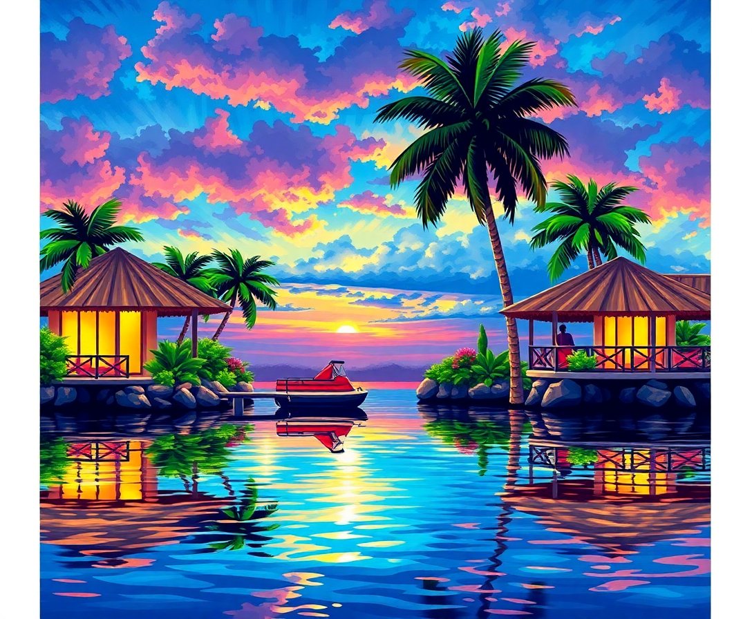 Reflecting Tropical Oceanfront Glow Paint By Numbers Kit completed