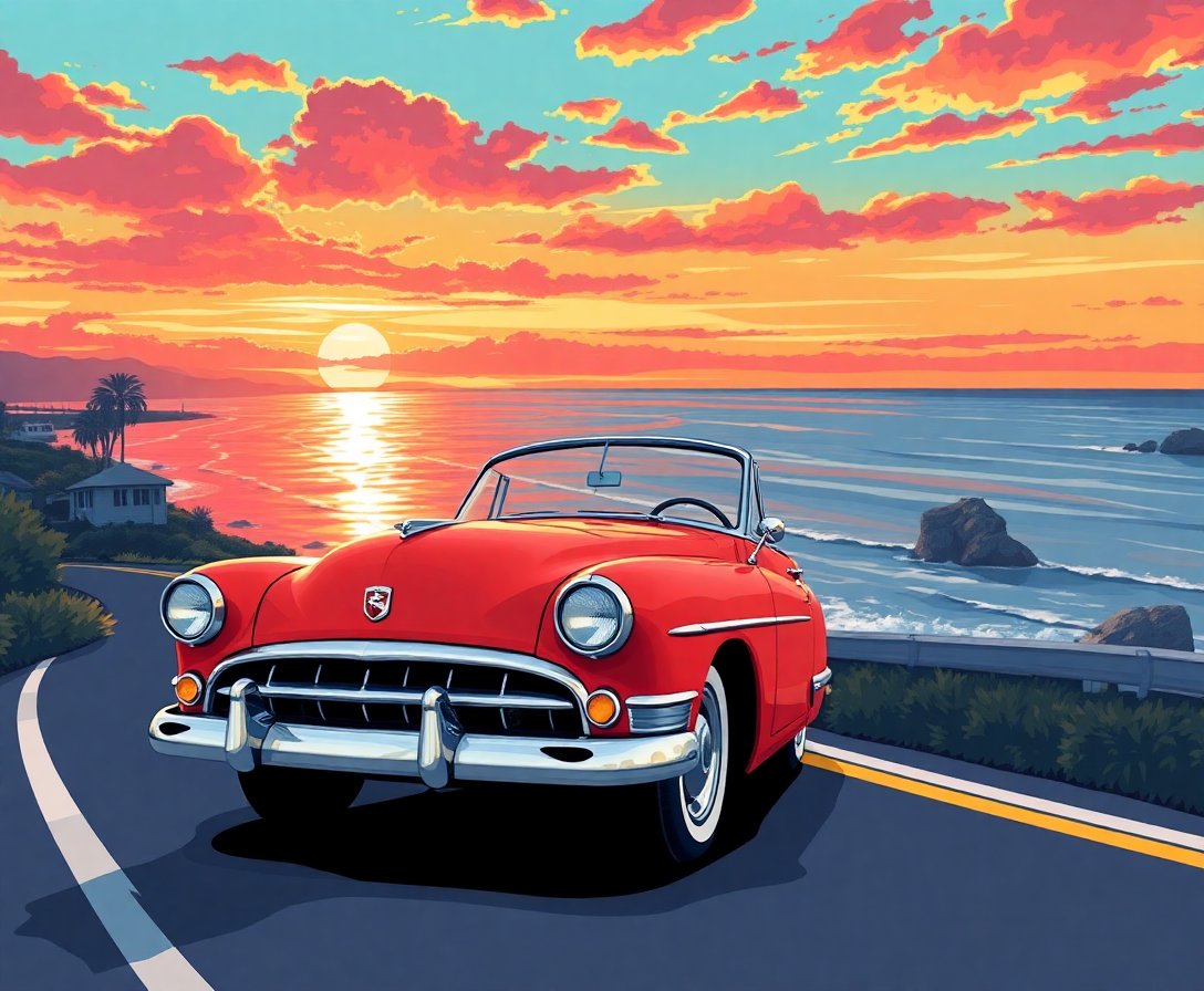 Retro Coastal Sunset Drive Paint By Numbers Kit - Vintage completed
