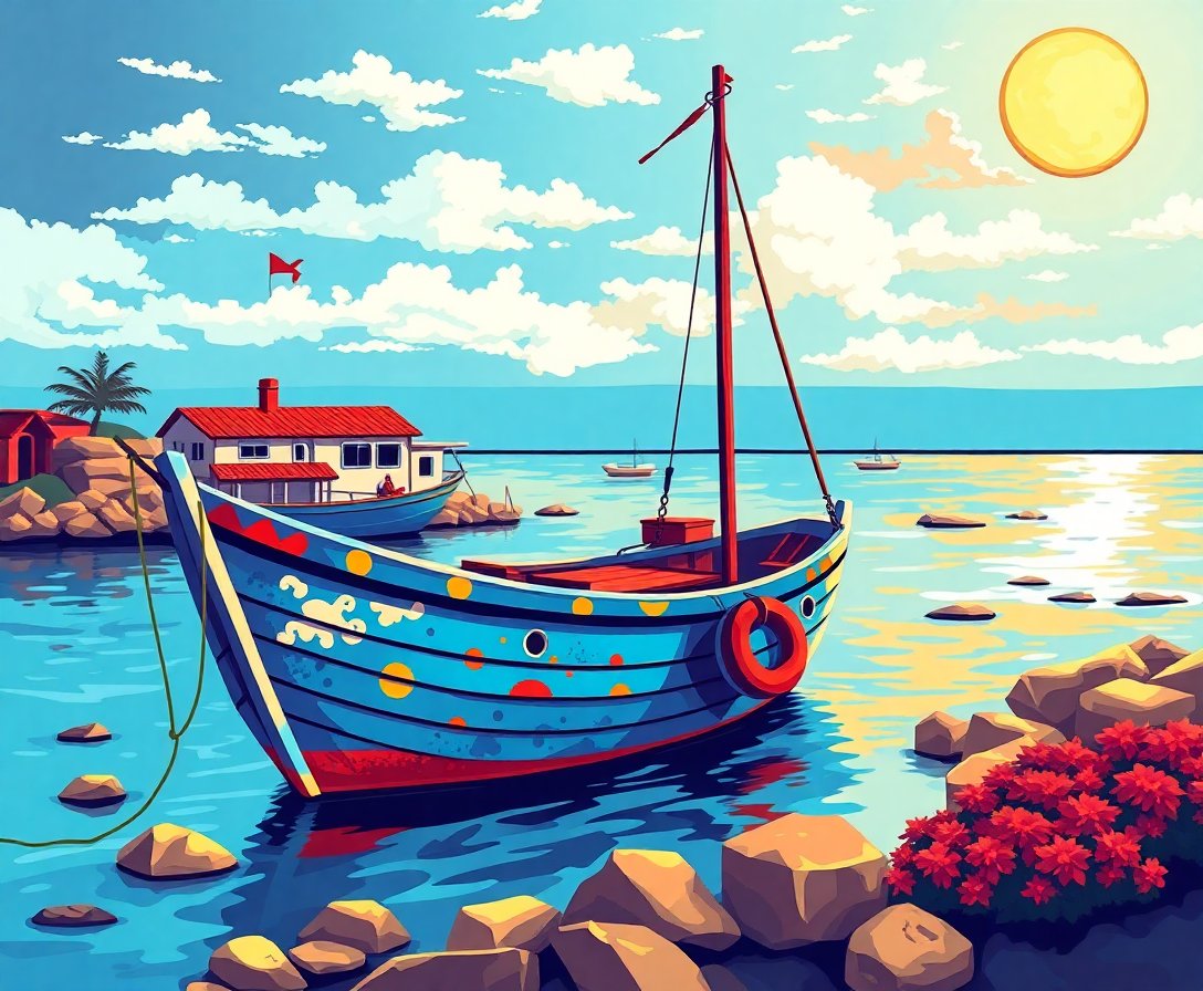 Retro Island Vessel Paint By Numbers Kit - Coastal Art completed