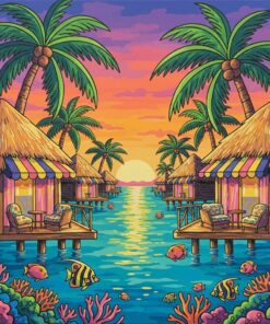 Retro Island Water Bungalows Paint By Numbers