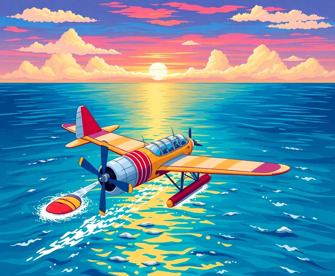 Retro Seaplane Ocean Journey Paint By Numbers Kit completed