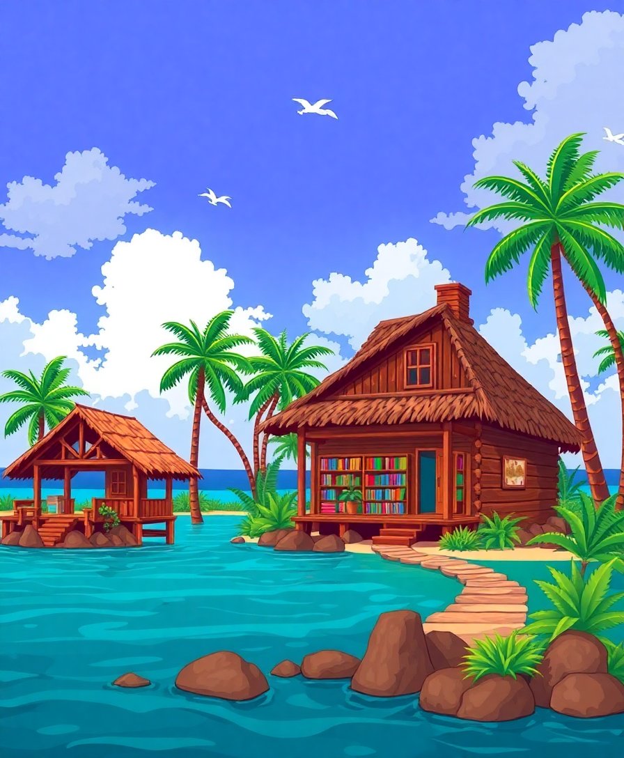 Rustic Island Library Paint By Numbers Kit - Cozy Tropical completed