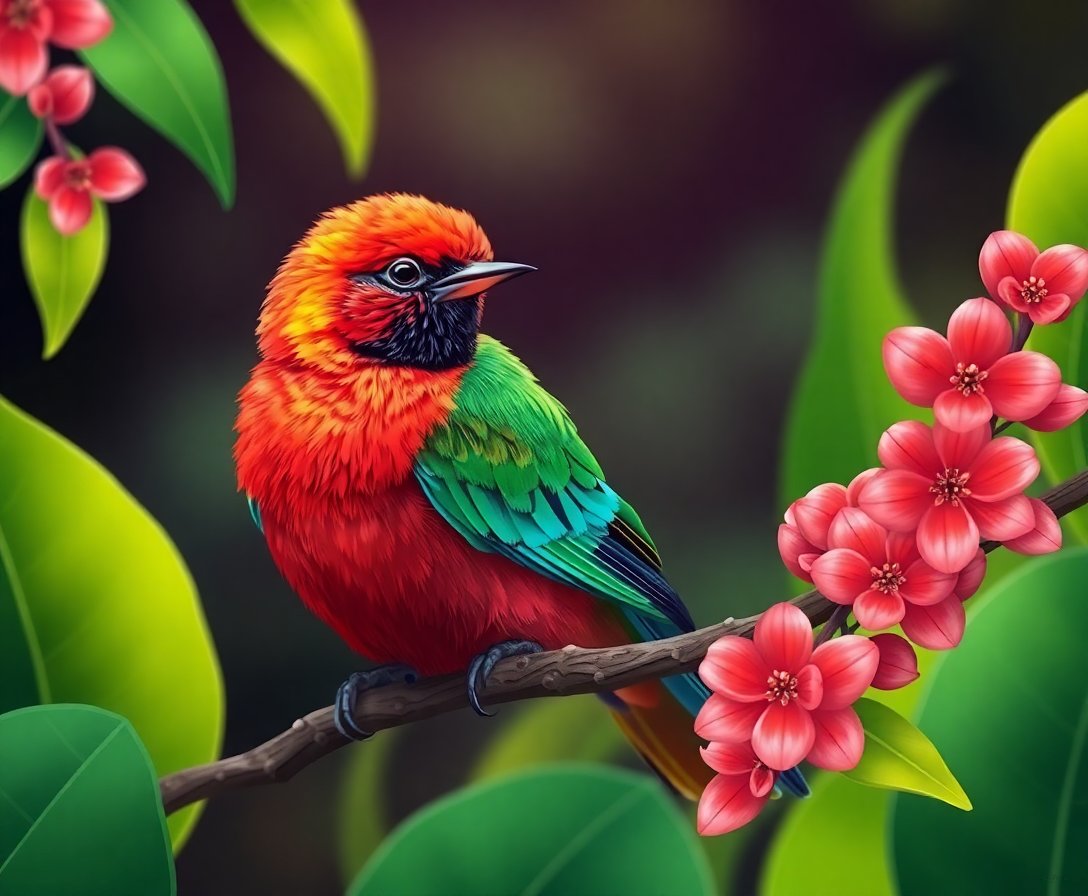 Scarlet Tanager Tropical Perch Paint By Numbers Kit completed