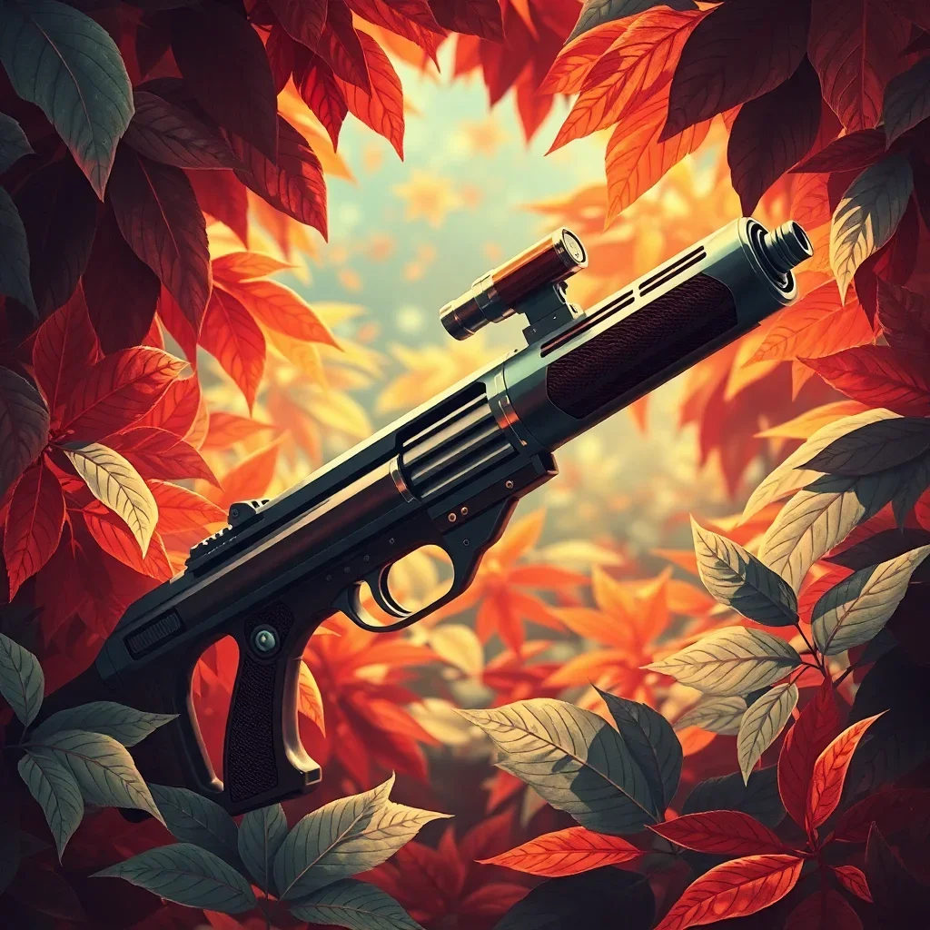 SciFi Weapon Among Leaves Paint By Numbers Kit | Vintage Art completed