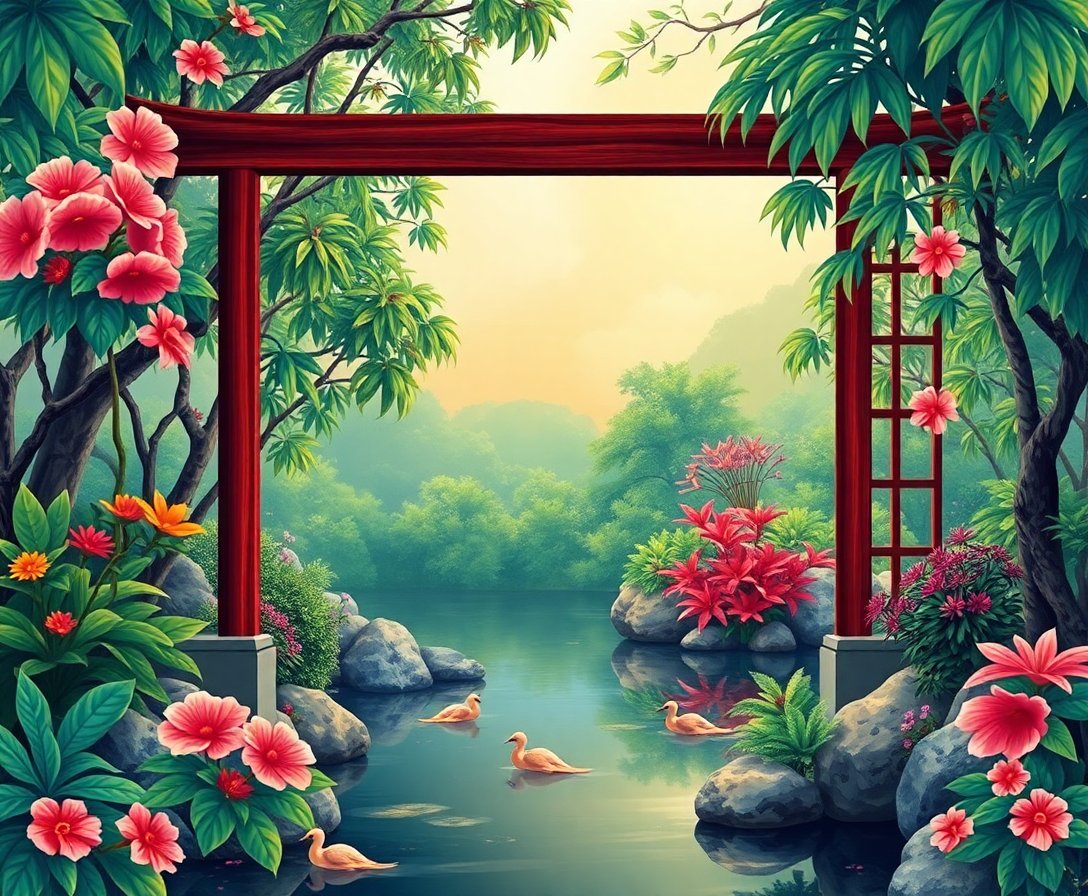 Shoji View Tropical Monsoon Paint By Numbers Kit - Japanese Garden completed