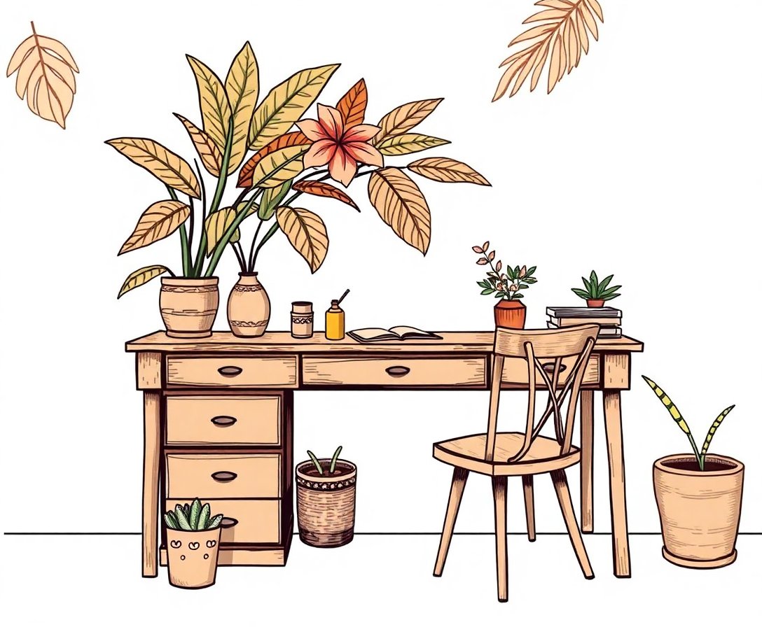 Sketching The Tropical Desk Paint By Numbers Kit - Sepia Art completed