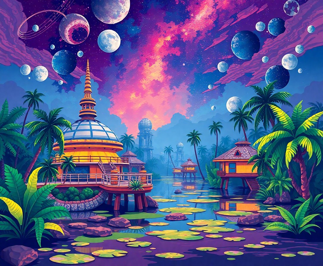 Spaceport In Tropical Swamps Paint By Numbers Kit completed