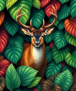 Stag Beneath Monstera Leaves Paint By Numbers