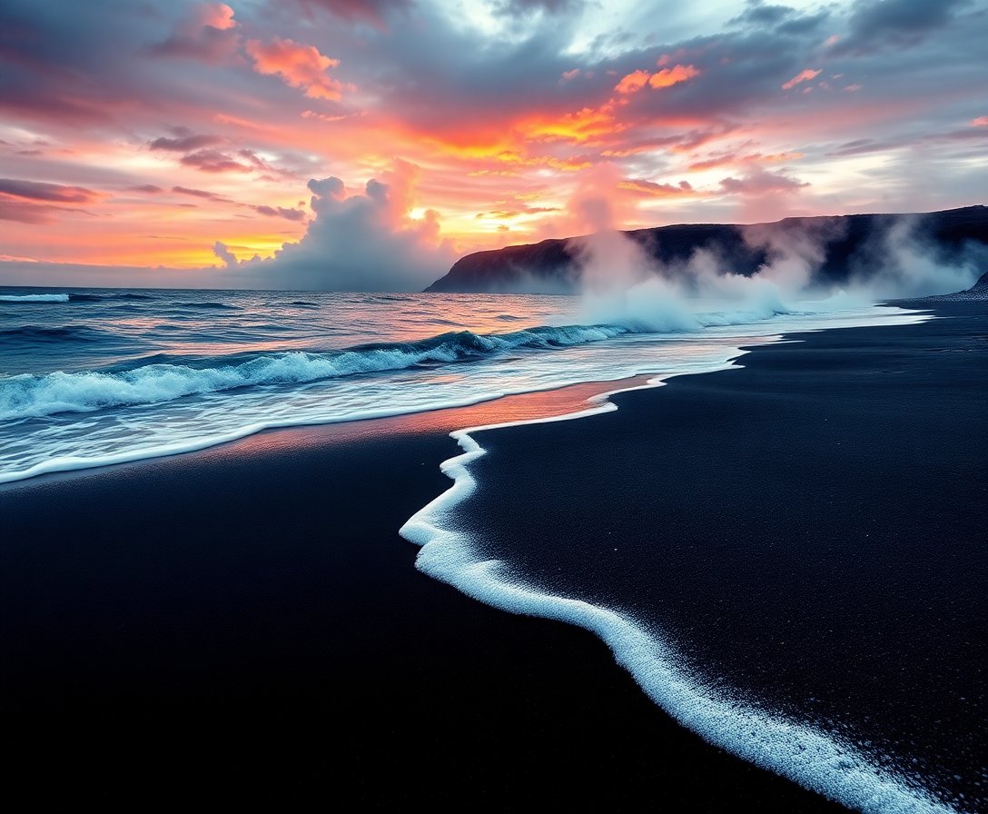 Steaming Black Sand Shore Paint By Numbers Kit - Ocean Art completed