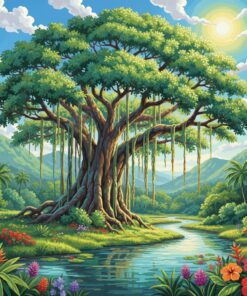 Sunlit Tropical Banyan Tree Paint By Numbers