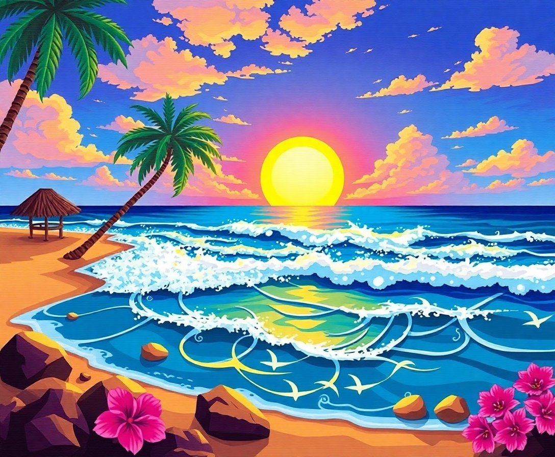 Sunlit Tropical Surf Wood Paint By Numbers - Beach Art Kit completed