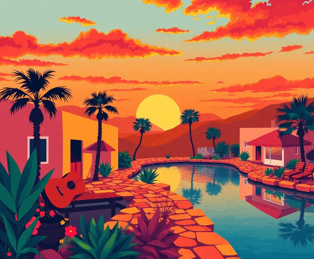 Sunset Oasis Retro Music Paint By Numbers Kit - Vintage Art completed