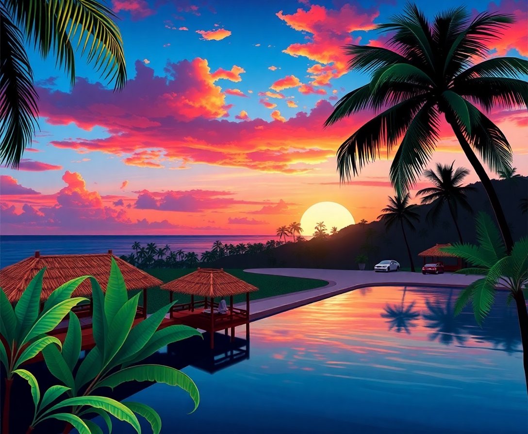 Sunset Over Retro Rattan Paint By Numbers - Tropical Art completed