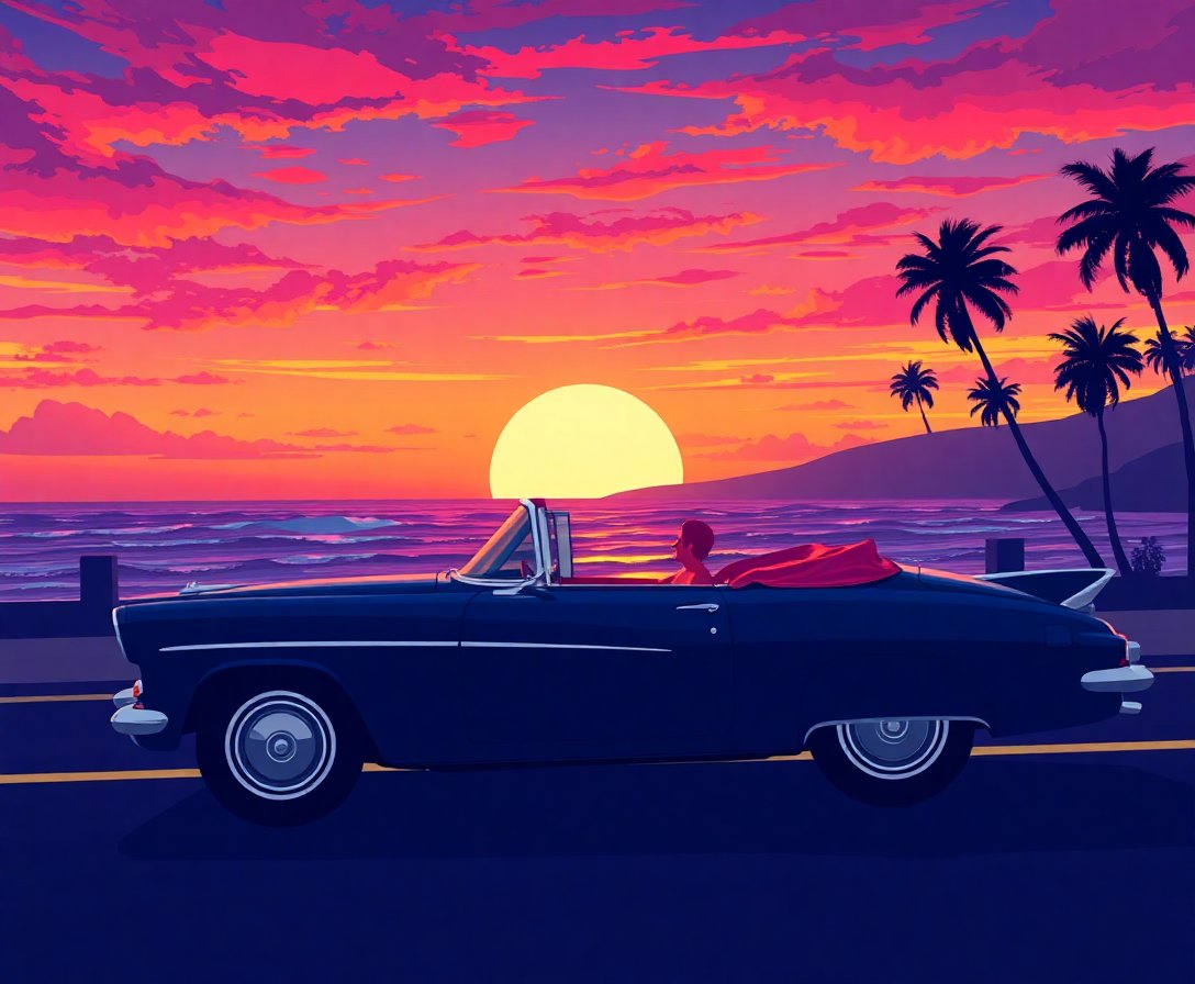 Sunset Retro Surf Drive Paint By Numbers Kit - Beach Art completed