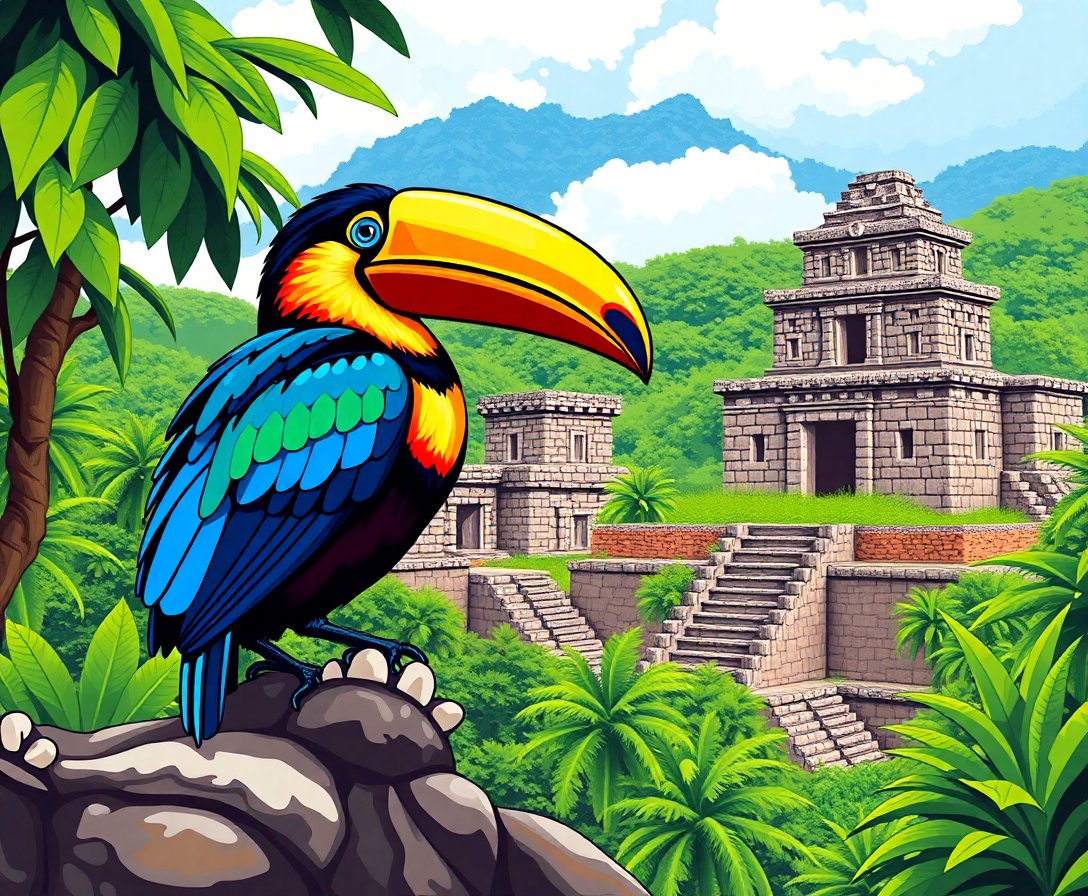 Toucan Guarding Copan Ruins Paint By Numbers Kit - Historical completed