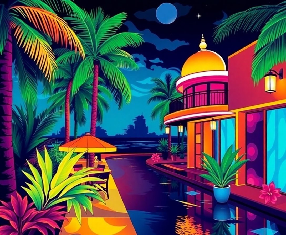 Tropical Art Deco Nights Paint By Numbers Kit - Miami Vibes completed