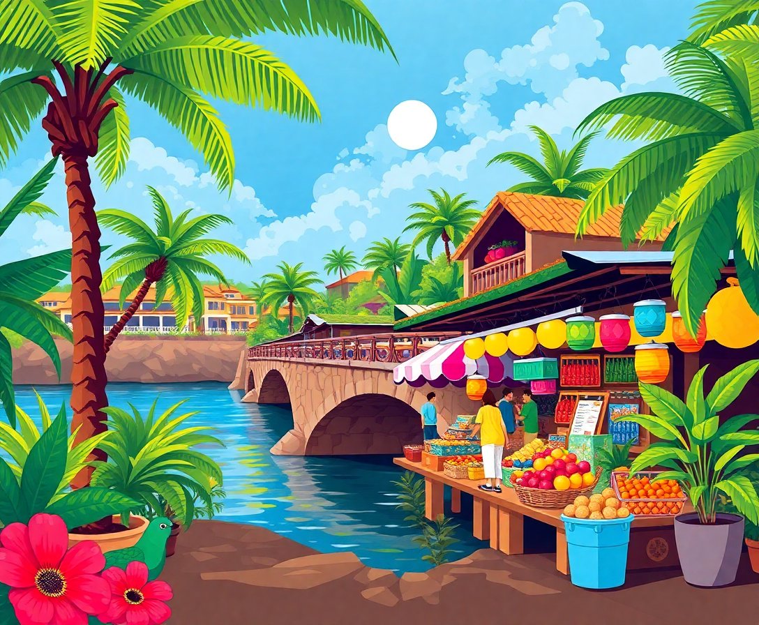 Tropical Bridge Market Bustle Paint By Numbers Kit completed
