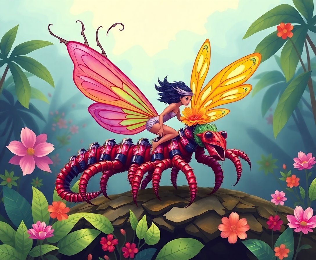 Tropical Centipede Fairy Rider Paint By Numbers Kit completed