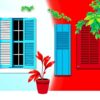 Tropical Crimson Azure Shutters Paint By Numbers