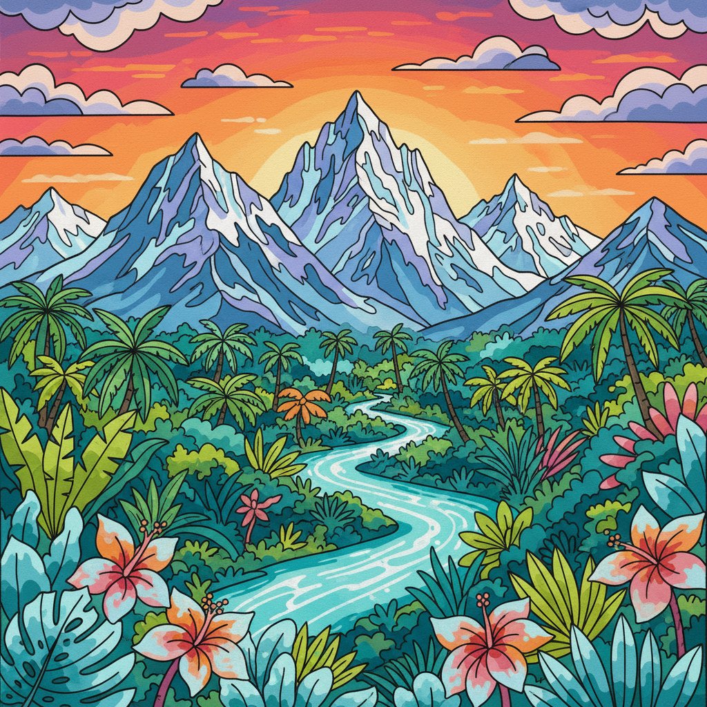Tropical Frosty Mountain Horizon Paint By Numbers Kit completed
