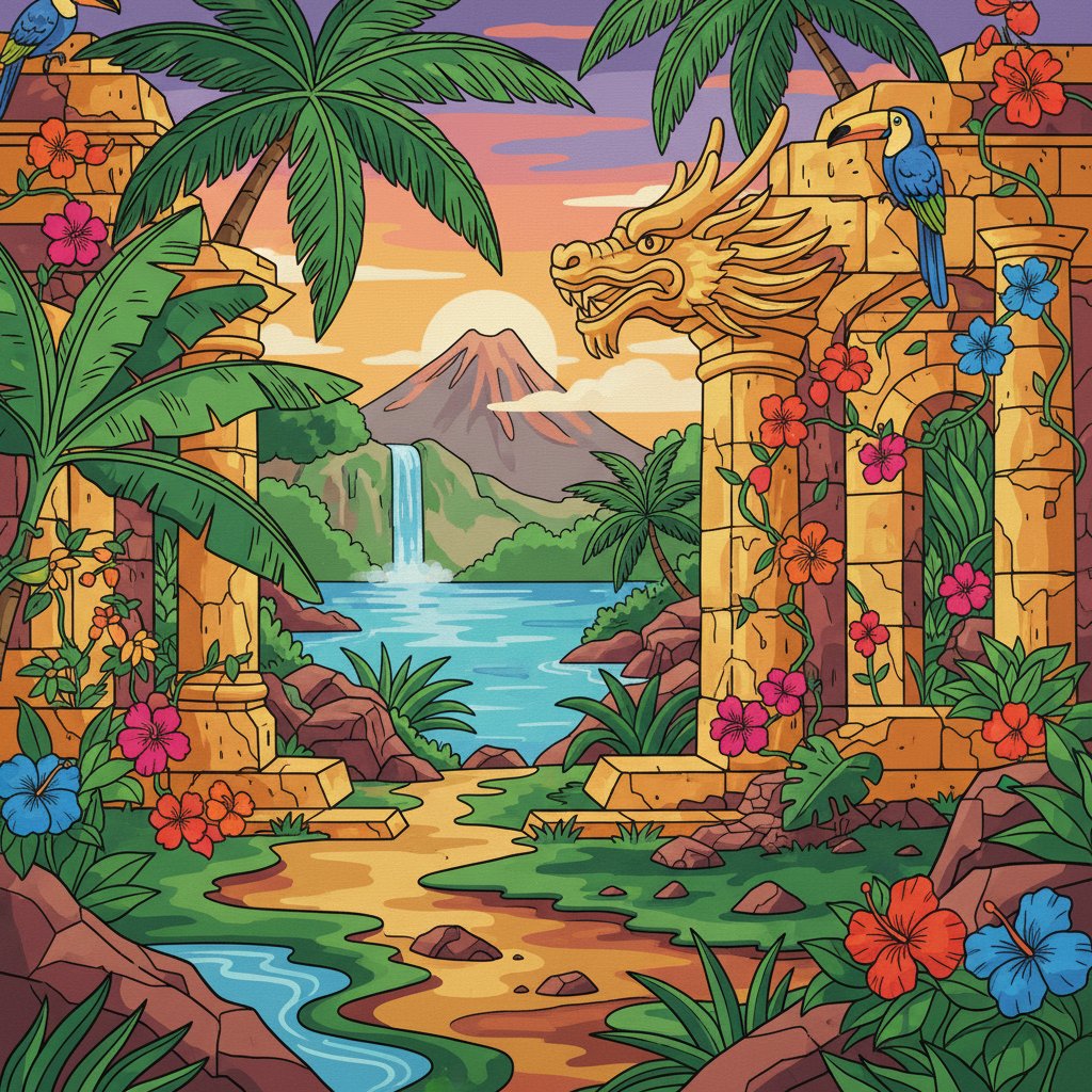 Tropical Golden Temple Ruins Paint By Numbers Kit completed