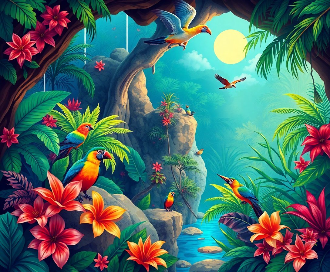 Tropical Grotto Bird Sanctuary Paint By Numbers Kit completed