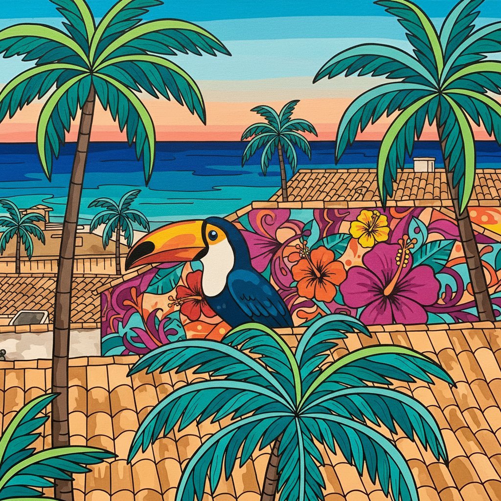 Tropical Rooftop Graffiti Art Paint By Numbers Kit completed