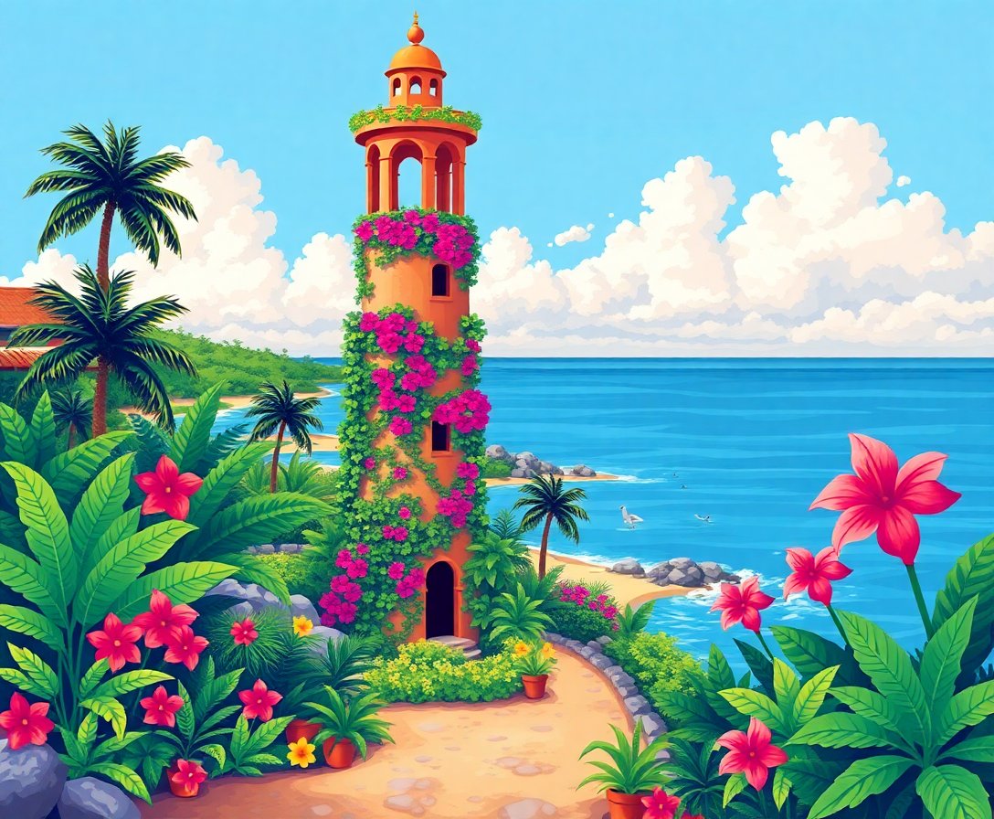 Tropical Seaside Tower Vines Paint By Numbers Kit completed