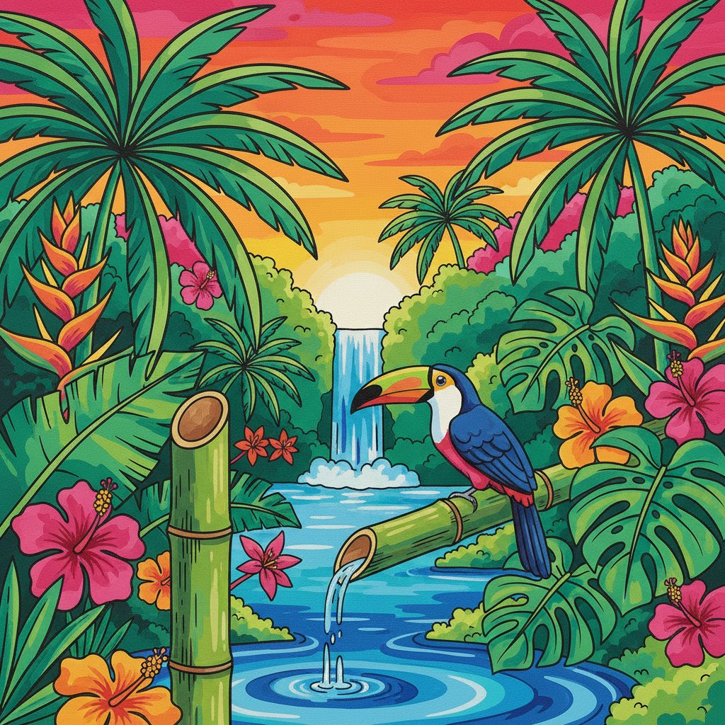 Tropical Shishi Odoshi Perch Paint By Numbers Kit completed