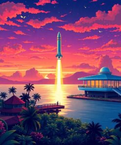 Tropical Spaceport Evening Liftoff Paint By Numbers