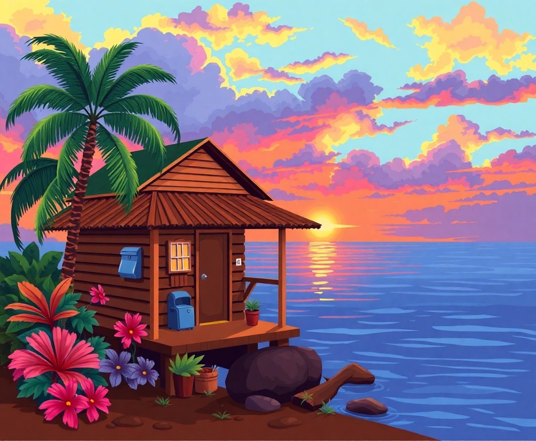 tropical-sunset-mail-cabin-paint-by-numbers-kit-world-scenes