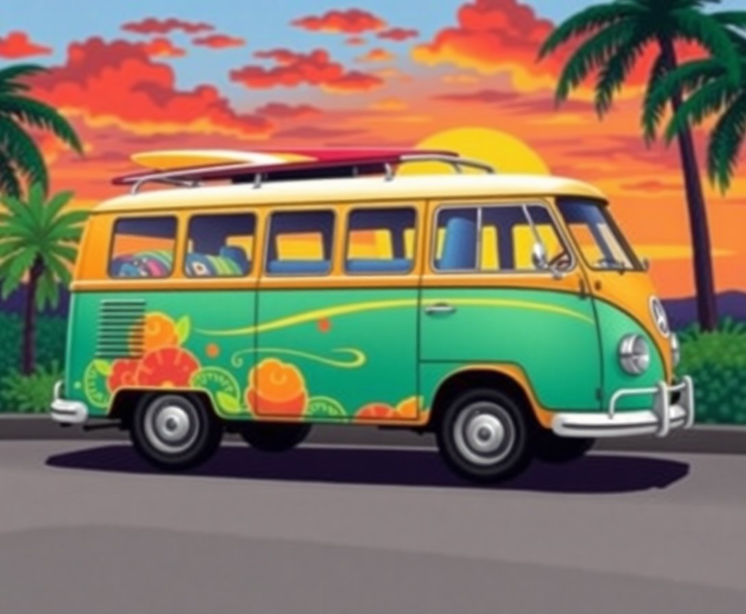 Tropical Surf Bus Dusk Paint By Numbers Kit completed