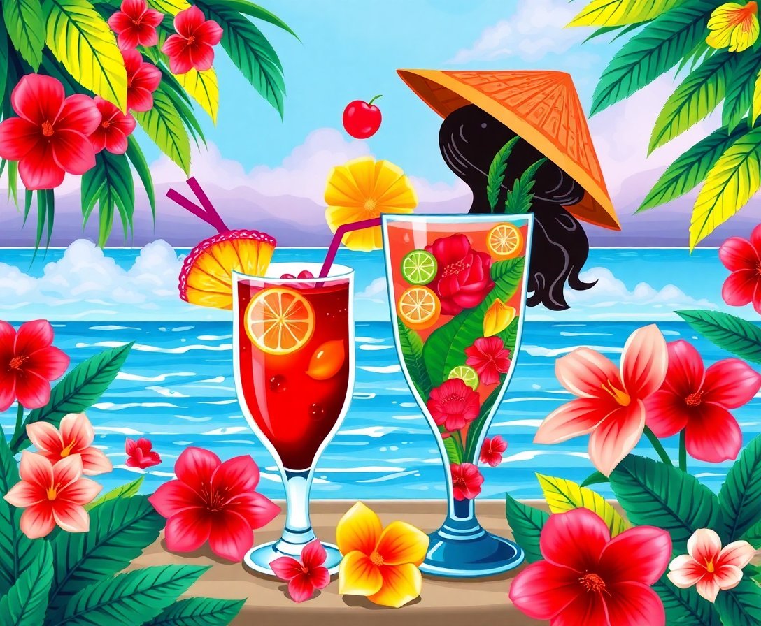 Tropical Valentine Mai Tai Paint By Numbers Kit - Romance Art completed