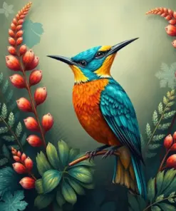 Turquoise Bird Vintage Fronds Paint By Numbers