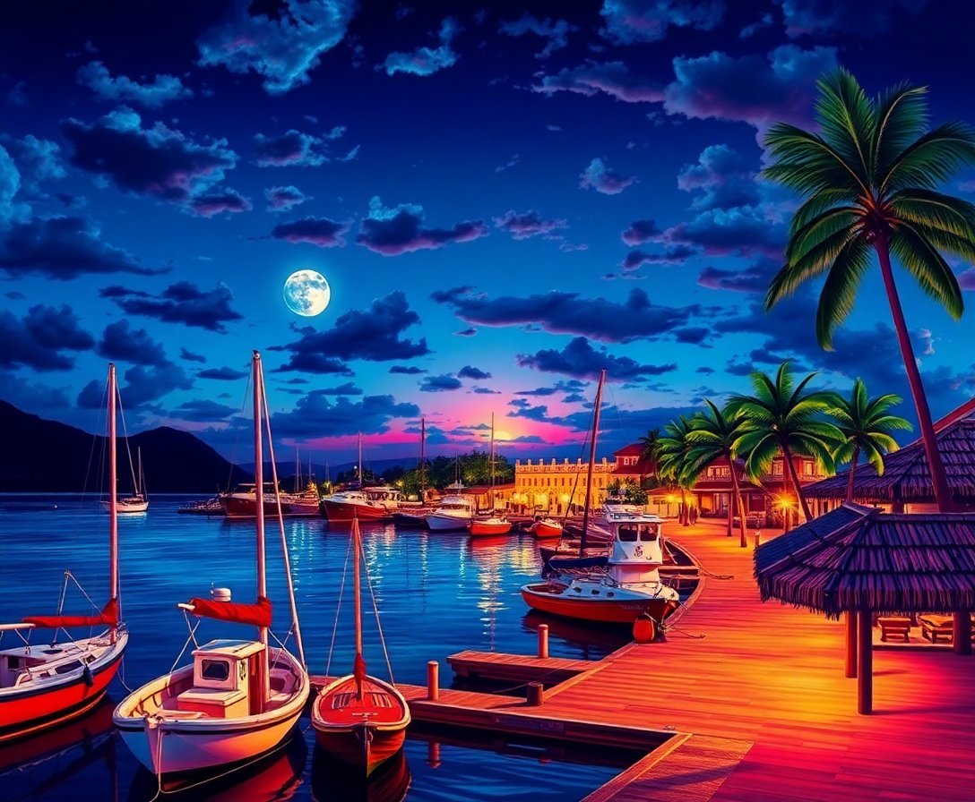Twilight At Tropical Harbor Paint By Numbers Kit completed