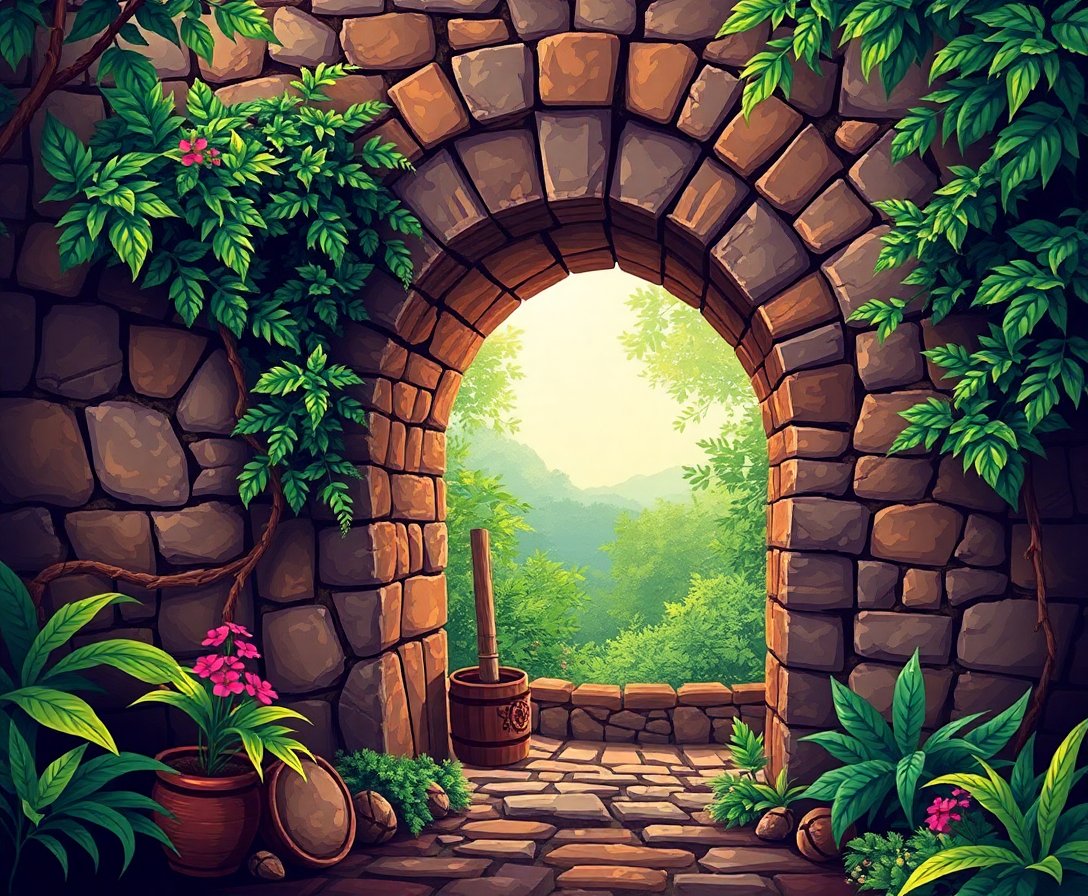 Vintage Cellar Jungle View Paint By Numbers Kit - Stone Archway completed